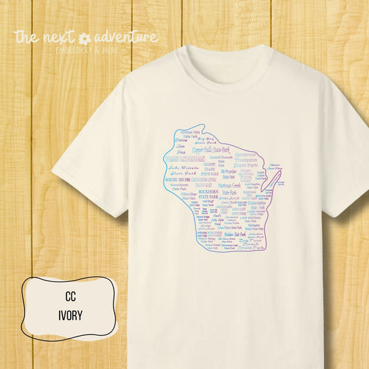 Wisconsin State Parks Typography Comfort Colors Tee (Blue/Purple)