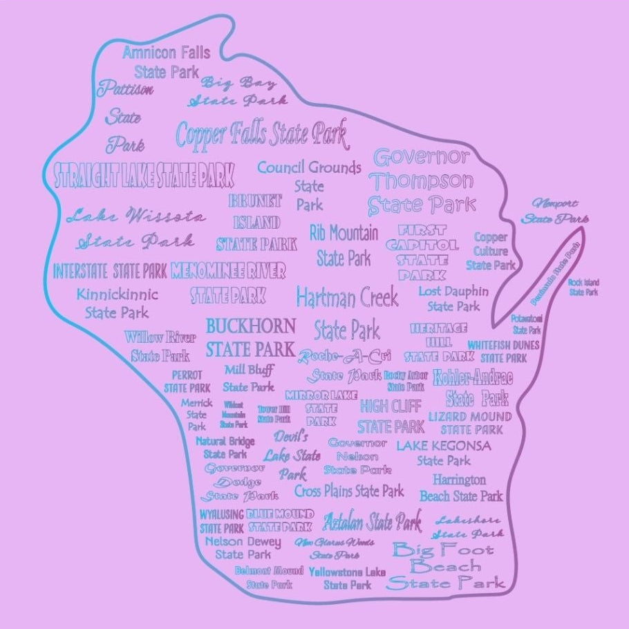Wisconsin State Parks Typography Comfort Colors Tee (Blue/Purple)