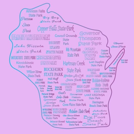 Wisconsin State Parks Typography Comfort Colors Tee (Blue/Purple)