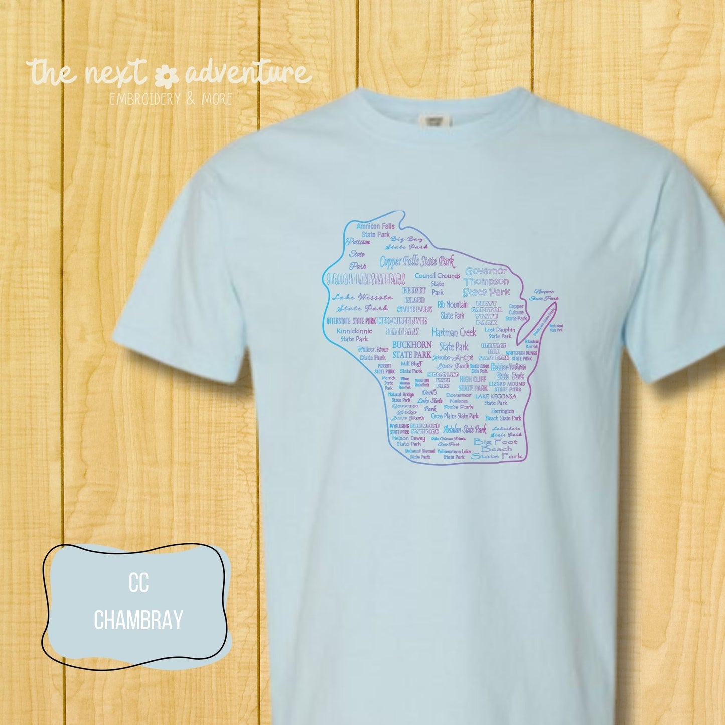 Wisconsin State Parks Typography Comfort Colors Tee (Blue/Purple)