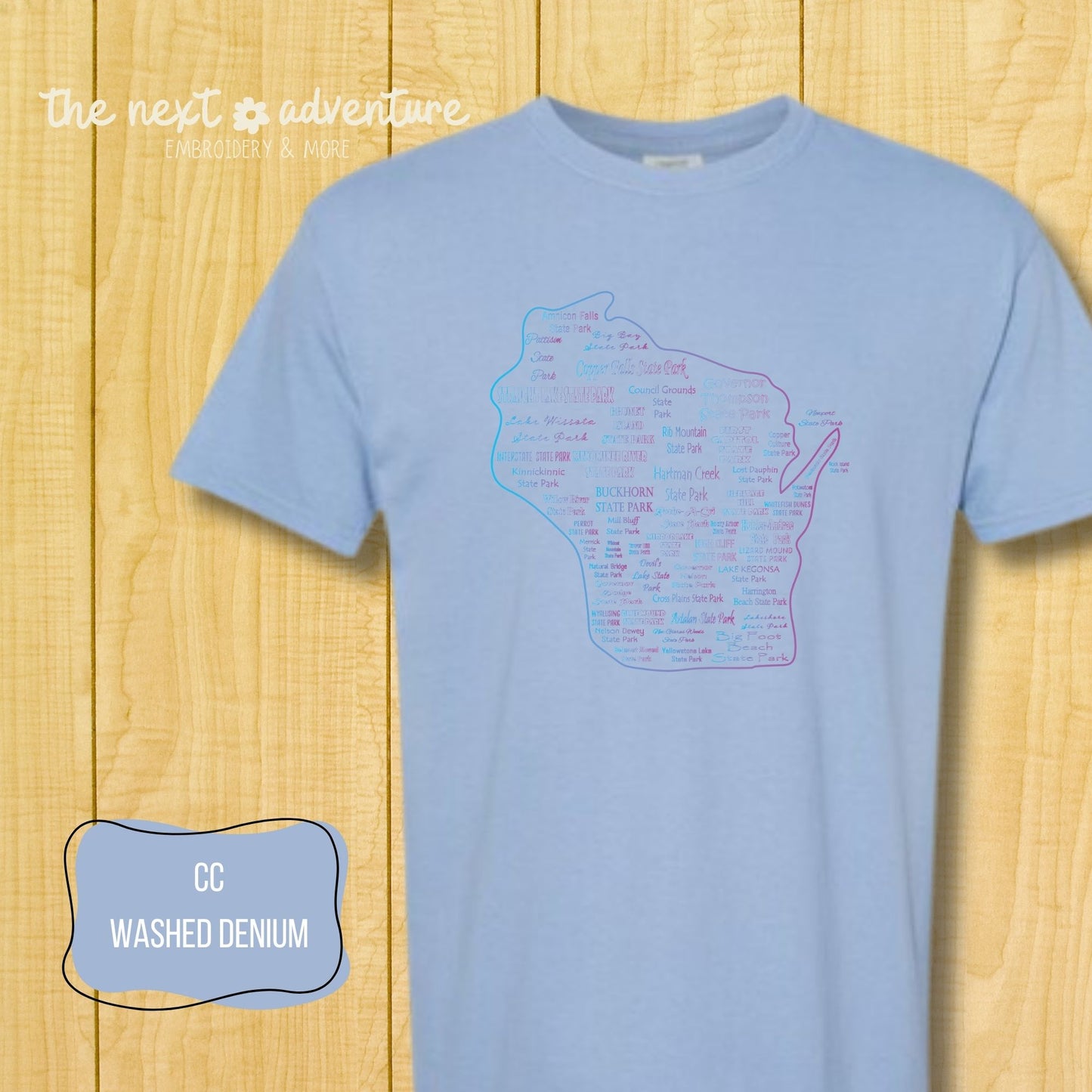 Wisconsin State Parks Typography Comfort Colors Tee (Blue/Purple)