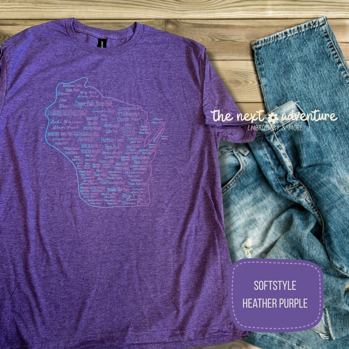 Wisconsin State Parks Typography Softstyle Tee (Blue/Purple)