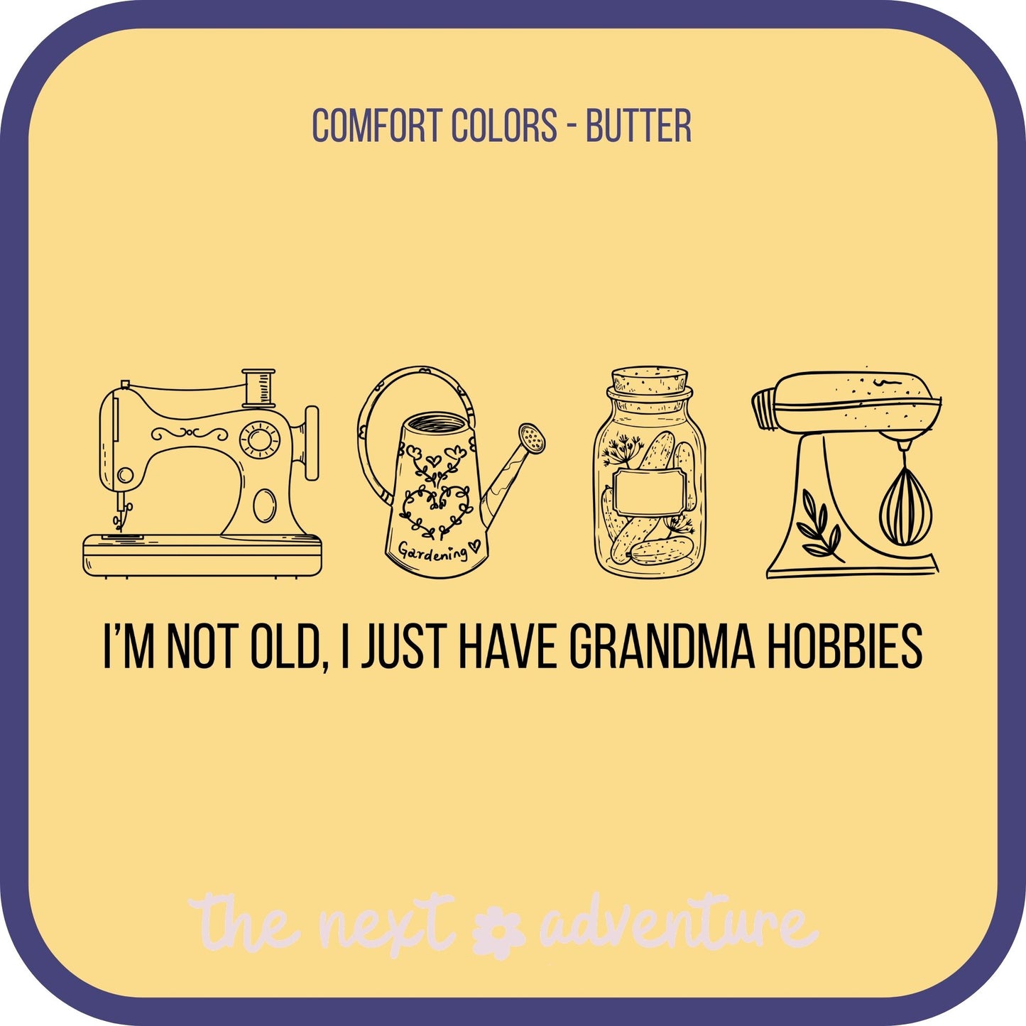 Illustrations of a sewing machine, watering can, jar, and mixer on a yellow background with text.
