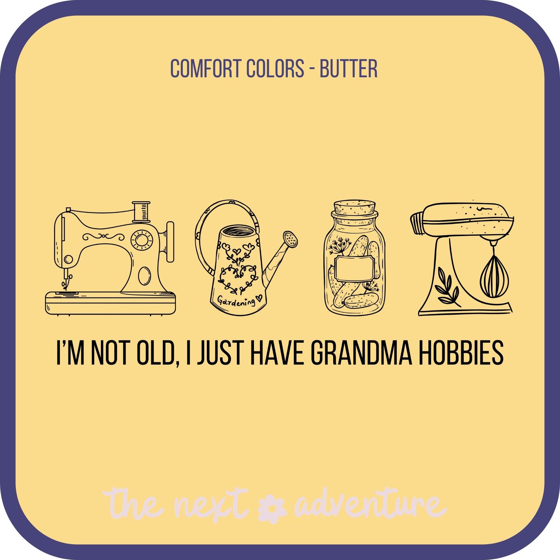 Illustrations of a sewing machine, watering can, jar, and mixer on a yellow background with text.