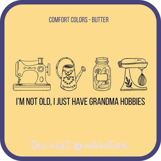 Illustrations of a sewing machine, watering can, jar, and mixer on a yellow background with text.