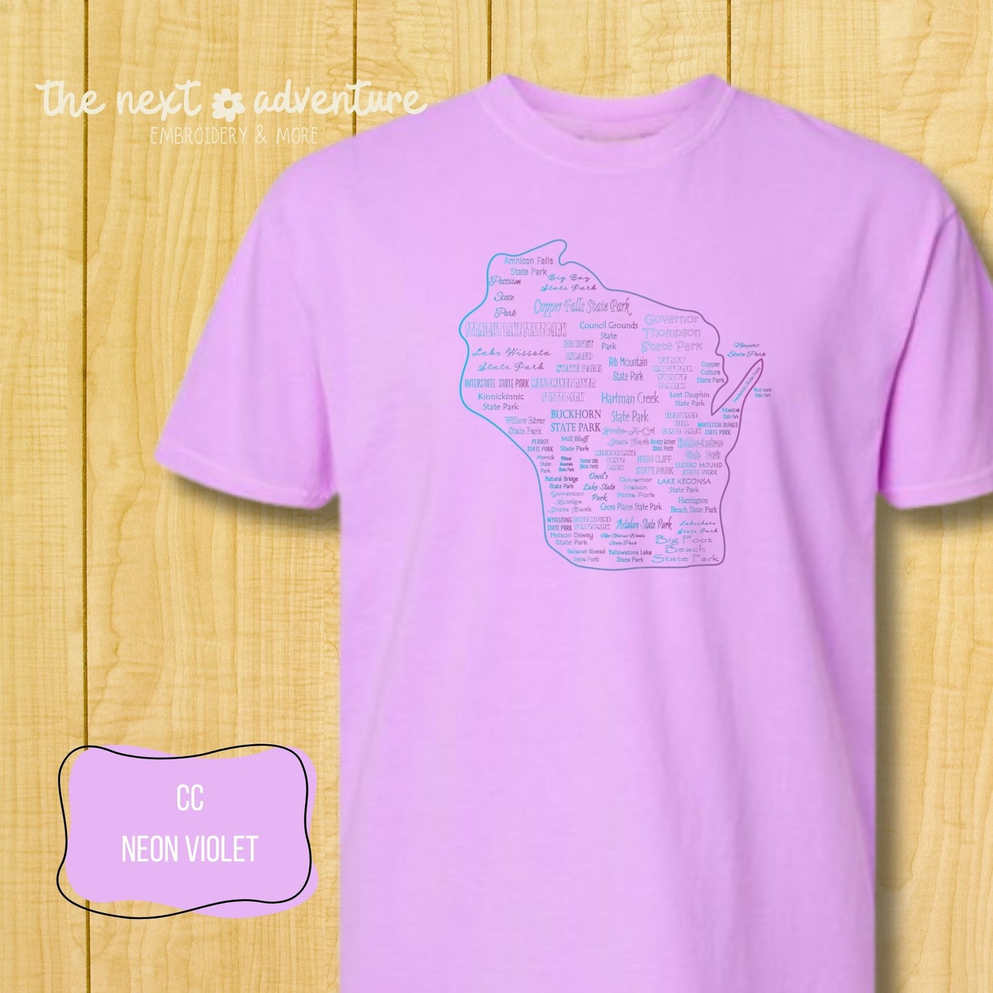 Wisconsin State Parks Typography Comfort Colors Tee (Blue/Purple)